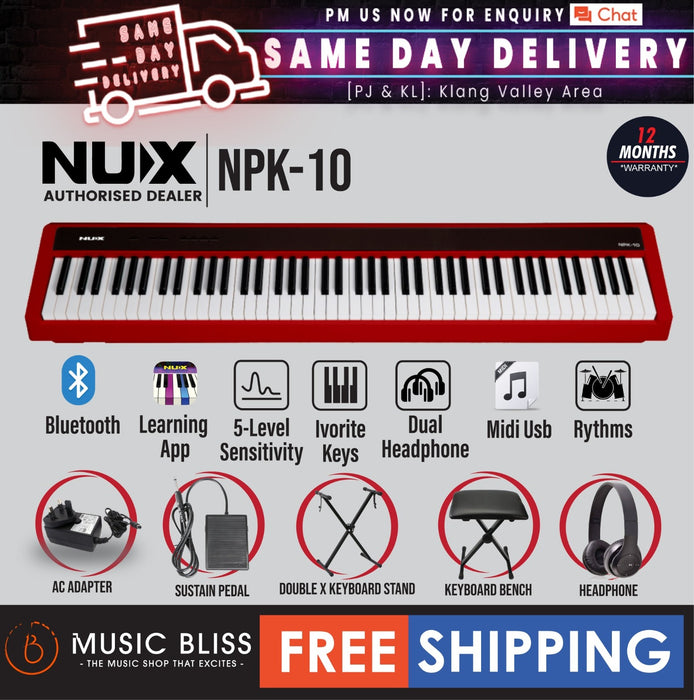 NUX NPK-10 88-Key Grand Hammer Action 3 Portable Digital Piano with Stand and Bench - Red - Music Bliss Malaysia