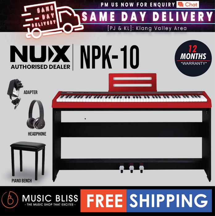 NUX NPK-10 88-Key Digital Piano with Wooden Stand and Bluetooth - Red - Music Bliss Malaysia