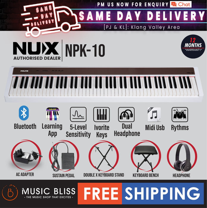 NUX NPK-10 88-Key Grand Hammer Action 3 Portable Digital Piano with Stand and Bench - White - Music Bliss Malaysia