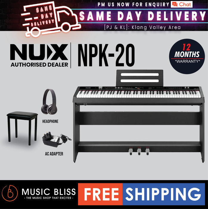 NUX NPK-20 88-Key Portable Digital Piano with Wooden Stand and 3 Pedals - Black - Music Bliss Malaysia