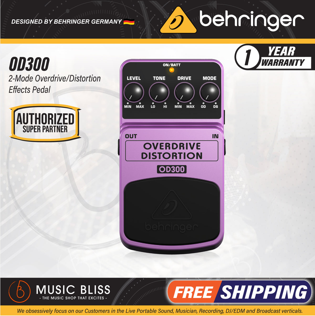 behringer overdrive distortion pedal Behringer OD300 Overdrive / Distortion Effects Pedal (OD-300 / OD 300)