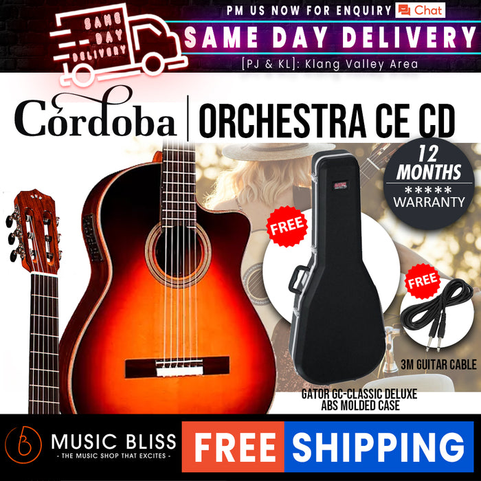 Cordoba Fusion Orchestra CE Tear Drop Burst - Solid Canadian Cedar Top, Rosewood Back & Sides with Pickup & Gator Guitar Case - Music Bliss Malaysia