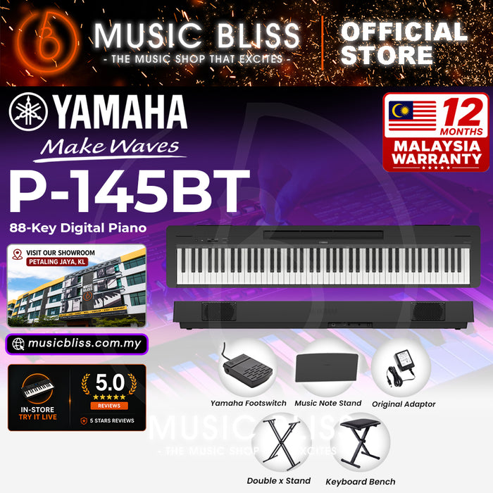 Yamaha P-145BT Bluetooth 88-Key Digital Piano with Original Adapter - Black - Replace P-145