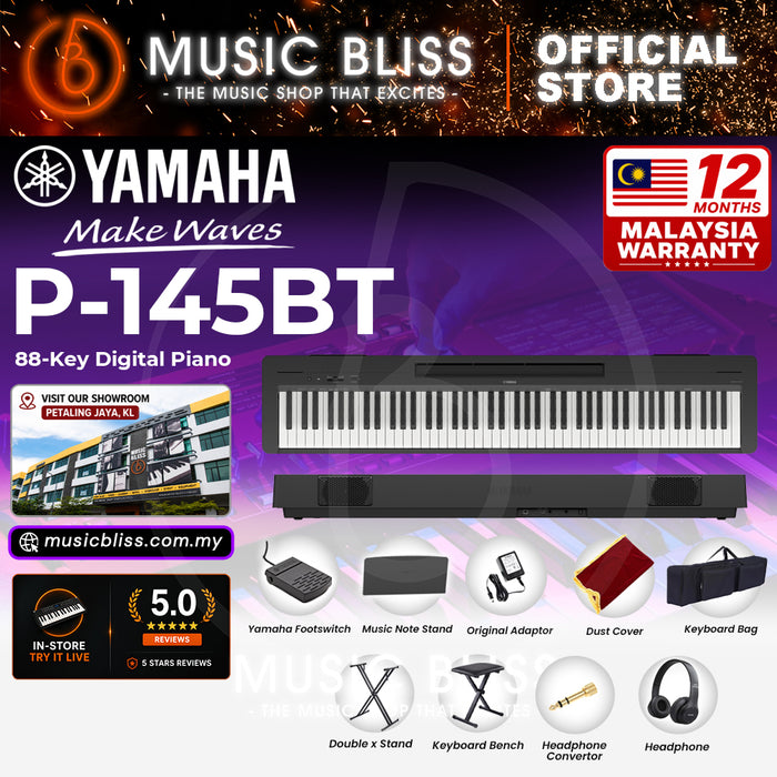 Yamaha P-145BT Bluetooth 88-Key Digital Piano with Original Adapter - Black - Replace P-145