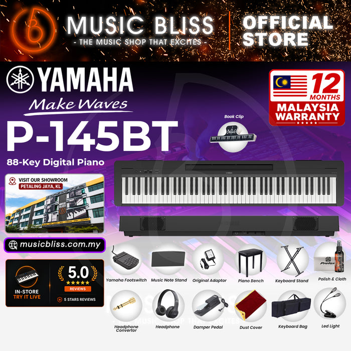 Yamaha P-145BT Bluetooth 88-Key Digital Piano with Original Adapter - Black - Replace P-145