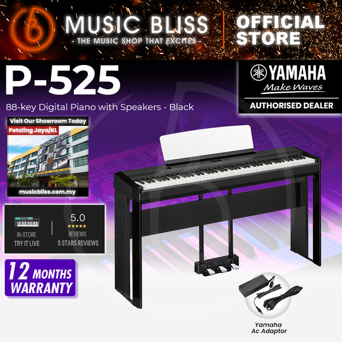 Yamaha P-525 88-Keys Digital Piano with Original Adapter - Black