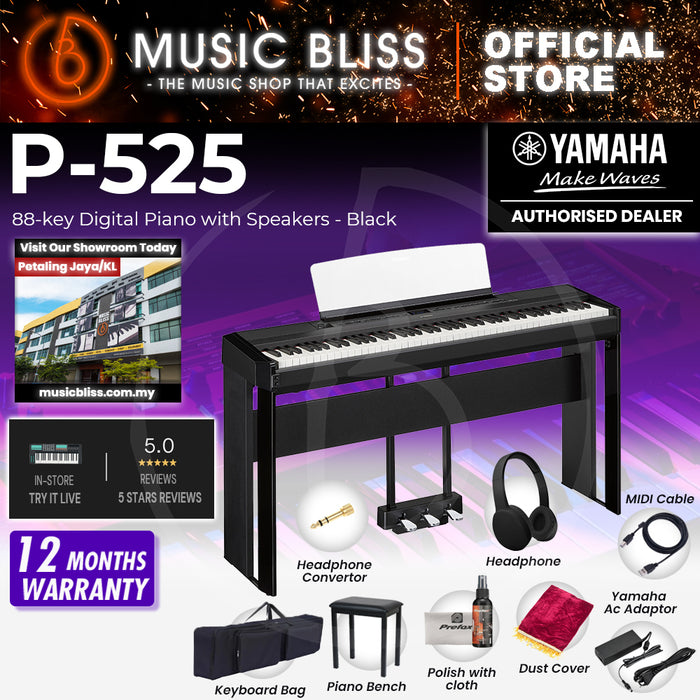 Yamaha P-525 88-Keys Digital Piano with Original Adapter - Black