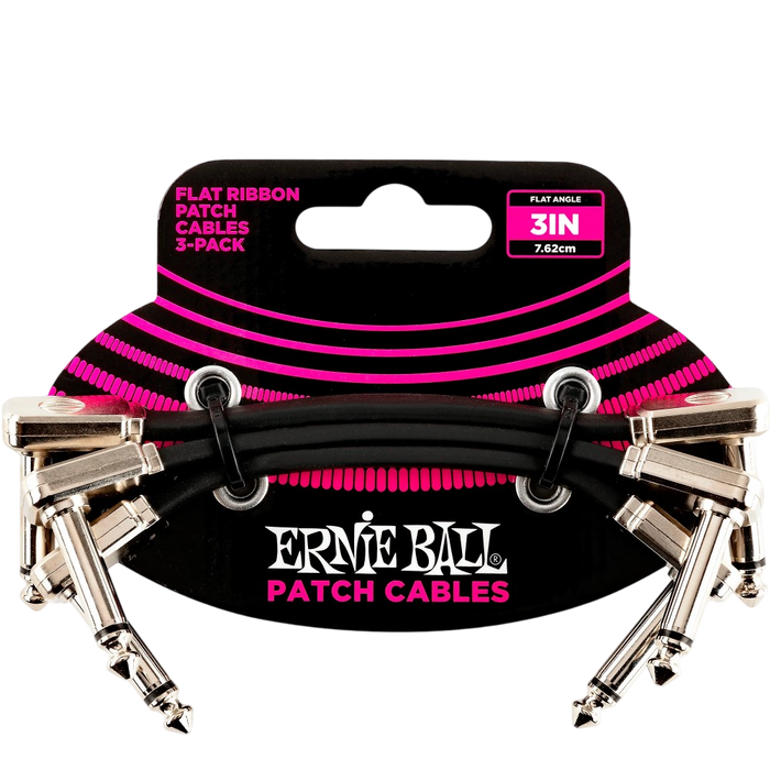 Ernie Ball 6220 Flat Ribbon Pedalboard Patch Cable, Right Angle to Right Angle, Black, 3 inch, 3-Pack