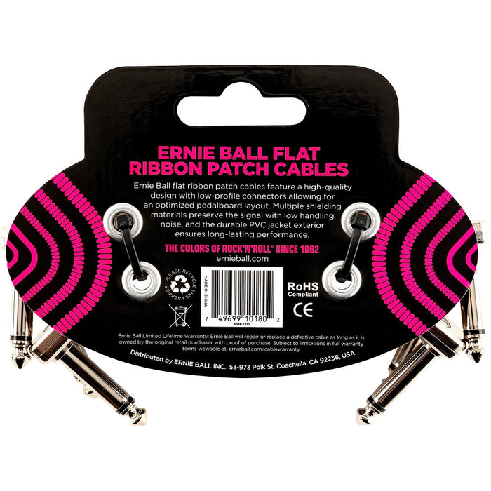 Ernie Ball 6220 Flat Ribbon Pedalboard Patch Cable, Right Angle to Right Angle, Black, 3 inch, 3-Pack