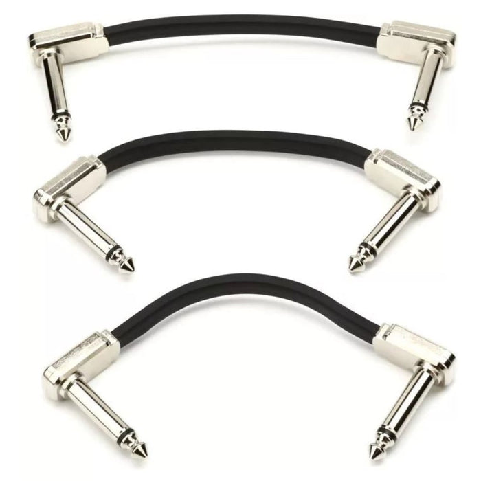 Ernie Ball 6220 Flat Ribbon Pedalboard Patch Cable, Right Angle to Right Angle, Black, 3 inch, 3-Pack