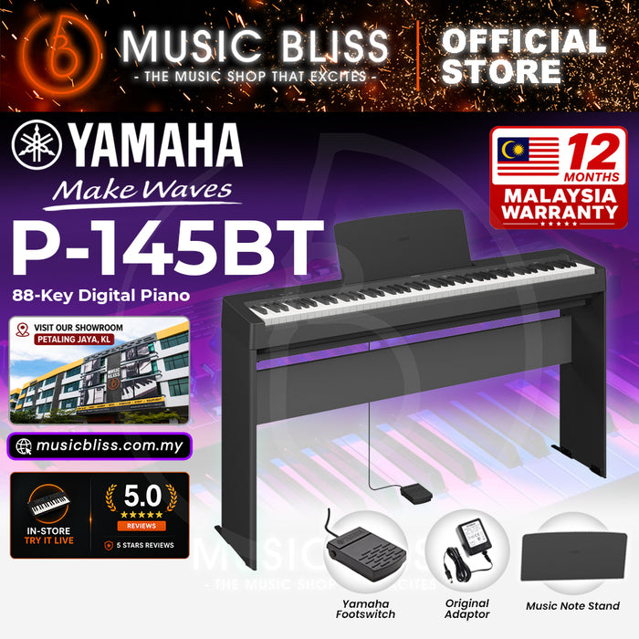 Yamaha P-145BT Bluetooth 88-Key Digital Piano Home Package with Original Adapter - Black - Replace P-145