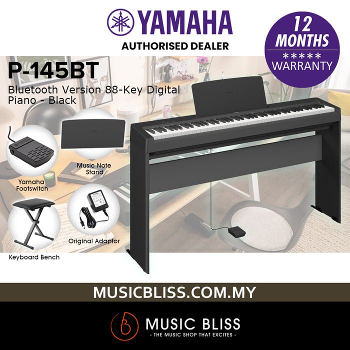 Yamaha P-145BT Bluetooth 88-Key Digital Piano Home Package with Original Adapter - Black - Replace P-145