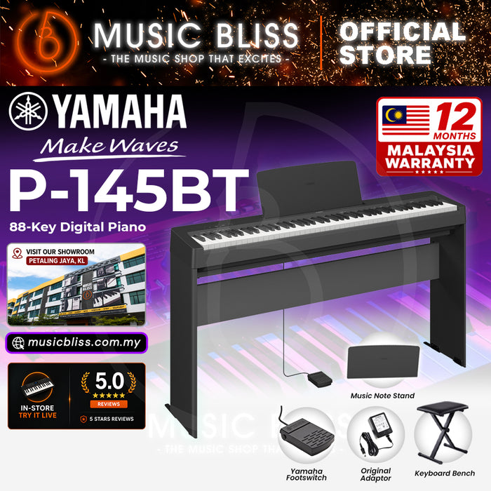 Yamaha P-145BT Bluetooth 88-Key Digital Piano Home Package with Original Adapter - Black - Replace P-145