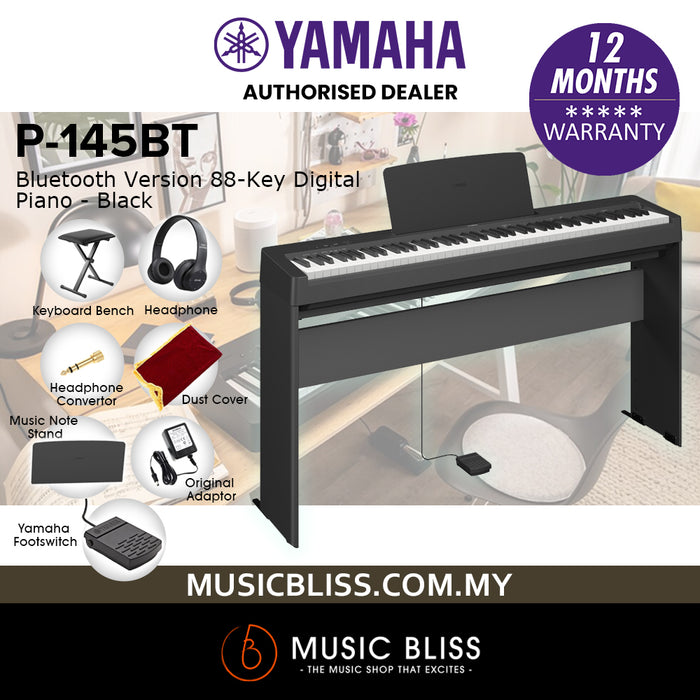 Yamaha P-145BT Bluetooth 88-Key Digital Piano Home Package with Original Adapter - Black - Replace P-145