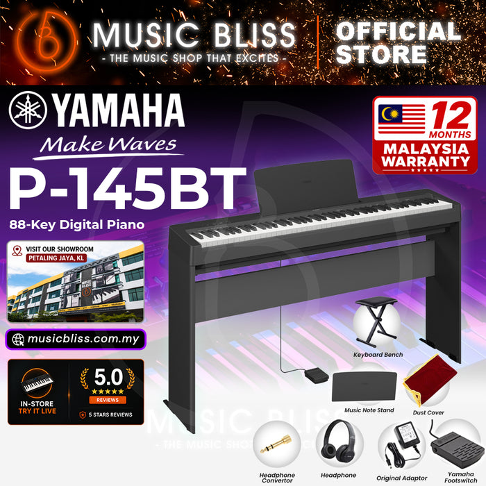 Yamaha P-145BT Bluetooth 88-Key Digital Piano Home Package with Original Adapter - Black - Replace P-145