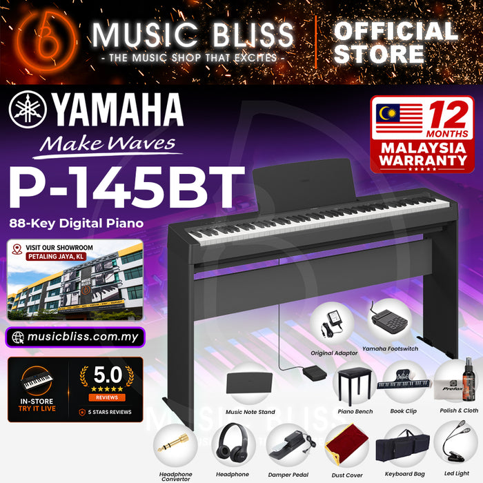 Yamaha P-145BT Bluetooth 88-Key Digital Piano Home Package with Original Adapter - Black - Replace P-145