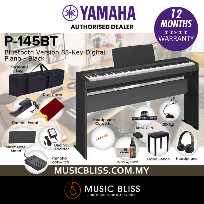 Yamaha P-145BT Bluetooth 88-Key Digital Piano Home Package with Original Adapter - Black - Replace P-145