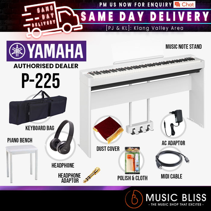 Yamaha P-225 88-Keys Digital Piano 10 in 1 Performing Package - White - Music Bliss Malaysia