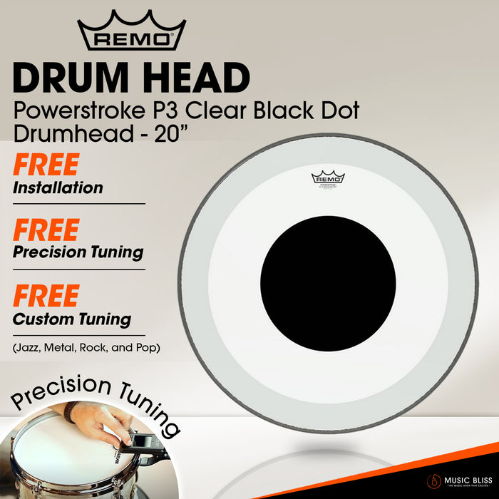 Remo Powerstroke P3 Clear Black Dot Drumhead - 20" [Free In-Store Installation]
