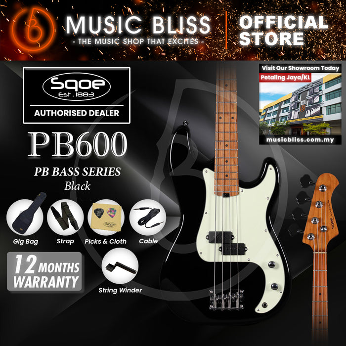 SQOE PB600 PB Series Electric Bass Guitar - Black