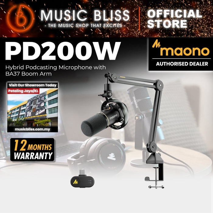 Maono PD200W Hybrid Podcasting Microphone with BA37 Boom Arm - Black