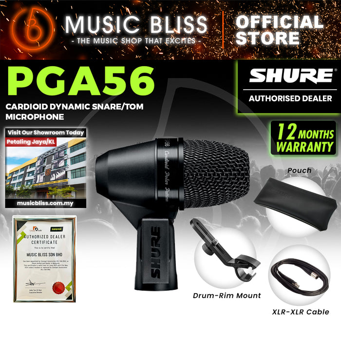 Shure PGA56-XLR Cardioid Dynamic Snare/Tom Microphone, XLR-XLR Cable