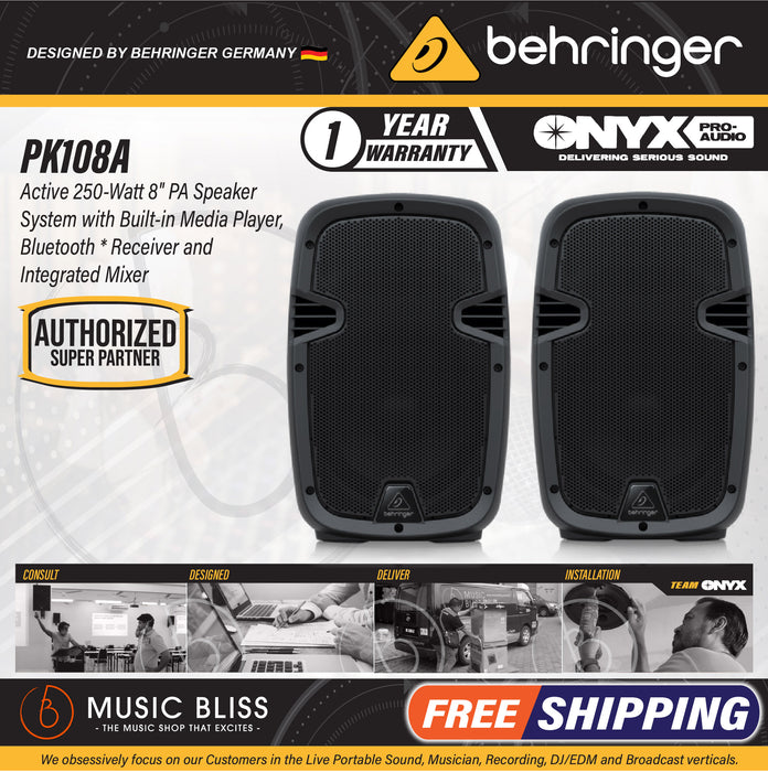 Behringer PK108A Active 250W 8" PA Speaker System with Bluetooth - Pair - Music Bliss Malaysia