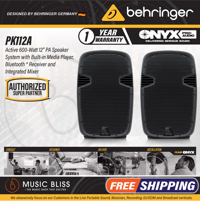 Behringer PK112A Active 600W 12" PA Speaker System with Bluetooth - Pair - Music Bliss Malaysia