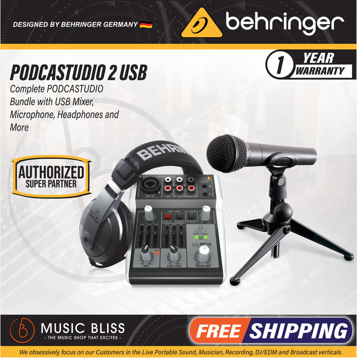 Behringer PODCASTUDIO 2 USB Bundle - Podcasting Bundle with XENYX-302USB + XM-8500 and HPM-1000 - Music Bliss Malaysia