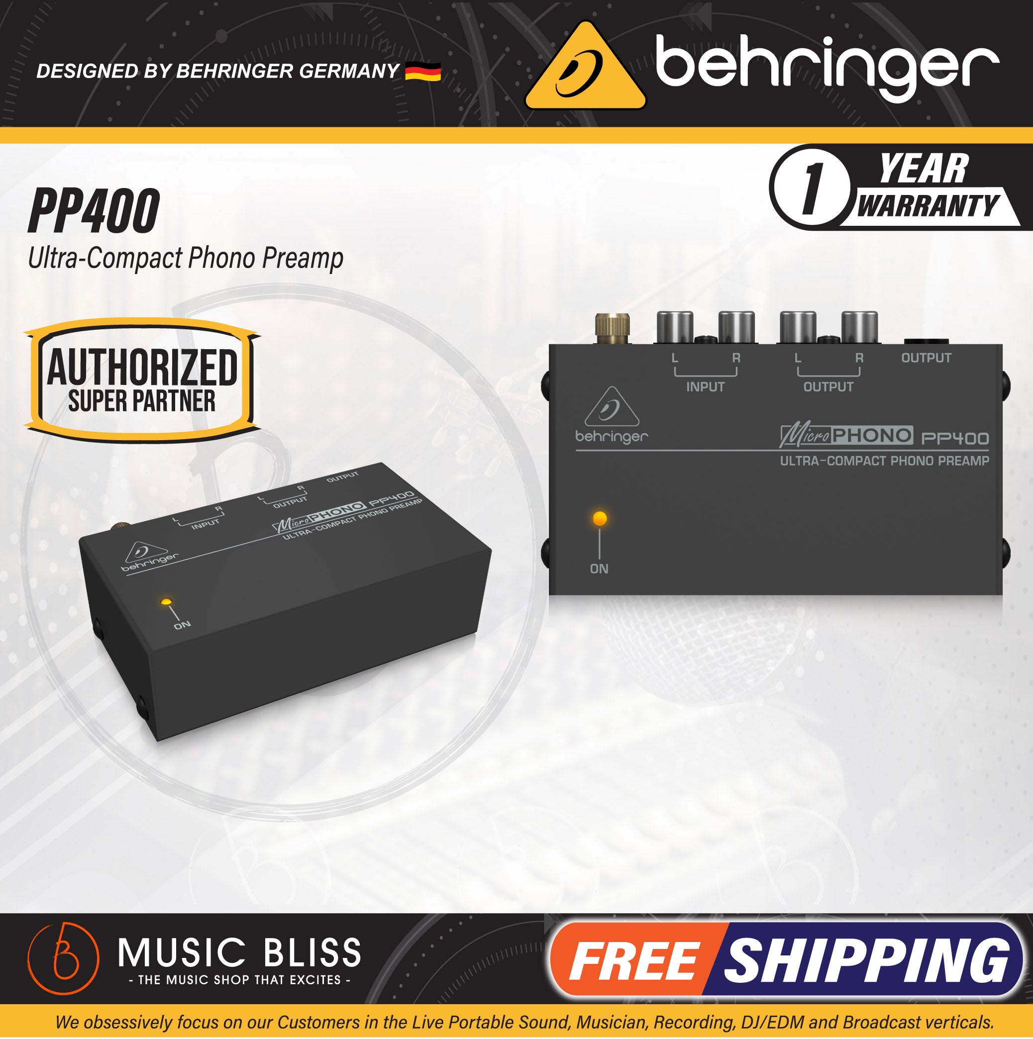 Préampli Phono BEHRINGER PP400 - Ultra Compact Pour Platine Vinyle - Alimentation Secteur Ou Batterie