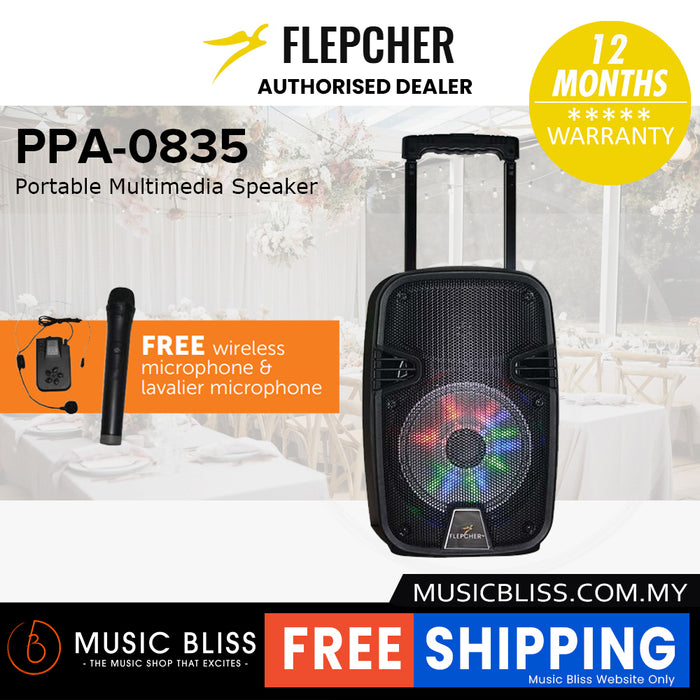 Flepcher PPA-0835 8'' 35-watt Portable PA System with 1 Wireless Microphone, 1 Lavalier Microphone