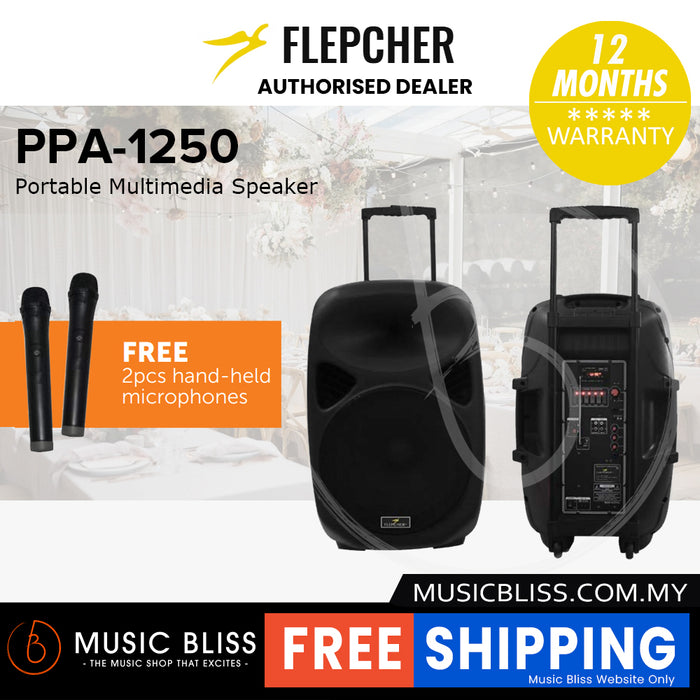 Flepcher PPA-1250 12'' 50-watt Portable PA System with 2 Wireless Microphone