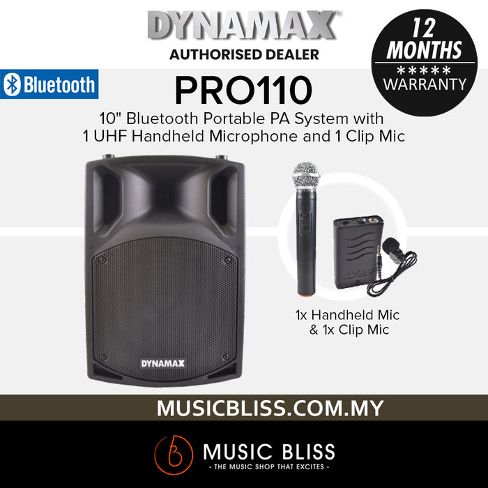 Dynamax PRO110 10" Bluetooth Portable PA System  with 1 UHF Handheld Microphone and 1 Clip Mic