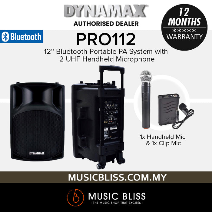 Dynamax PRO112 12'' Bluetooth Portable PA System  with 1 UHF Handheld Microphone and 1 Clip Mic