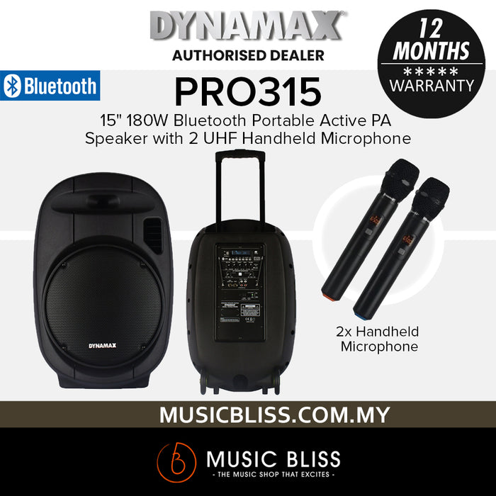 Dynamax PRO315 15" 180W Bluetooth Portable Active PA Speaker System with 2 UHF Handheld Microphone