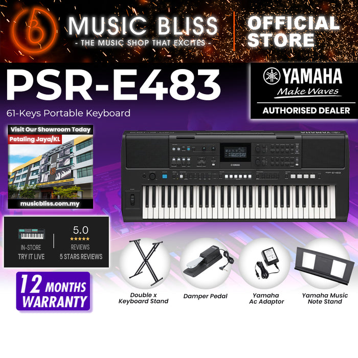 Yamaha Keyboards PSR-E483 61-Keys Portable Keyboard with Original Adapter