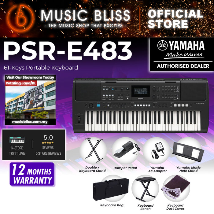 Yamaha Keyboards PSR-E483 61-Keys Portable Keyboard with Original Adapter