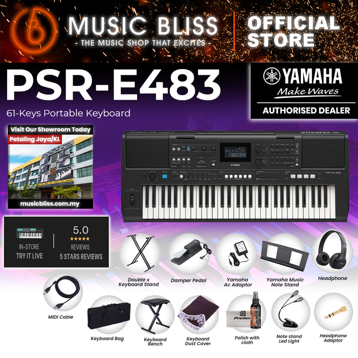 Yamaha Keyboards PSR-E483 61-Keys Portable Keyboard with Original Adapter