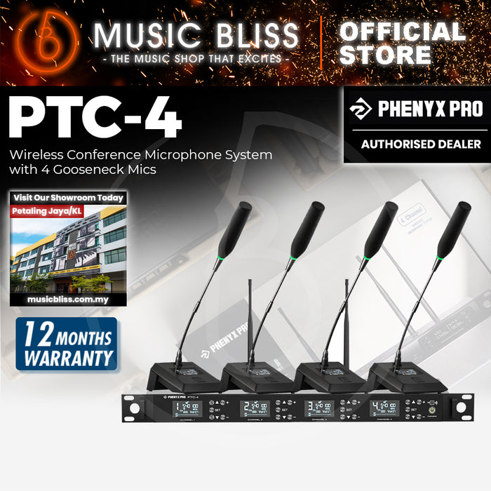 Phenyx Pro PTC-4 Wireless Conference Microphone System 4x50 UHF Frequencies Auto Scan 4 Gooseneck Mics