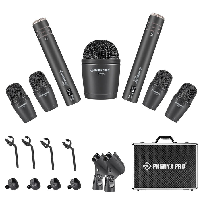 Phenyx Pro PTD-10 Drum Microphone Kit, Drum Mics 7-Pieces, Full Metal Wired Dynamic Drum Mic Set for Bass/Tom/Snare/Hi-hat Cymbals - Music Bliss Malaysia