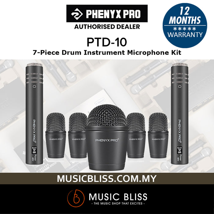 Phenyx Pro PTD-10 Drum Microphone Kit, Drum Mics 7-Pieces, Full Metal Wired Dynamic Drum Mic Set for Bass/Tom/Snare/Hi-hat Cymbals - Music Bliss Malaysia