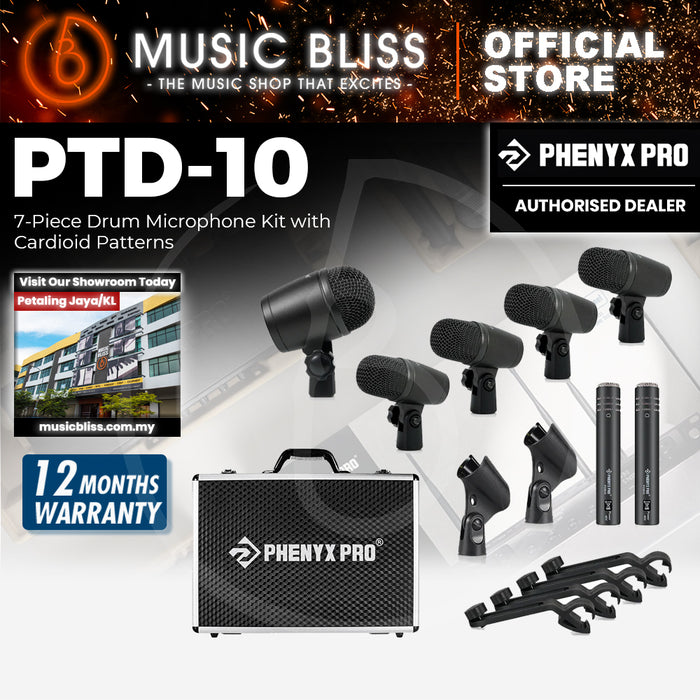 Phenyx Pro PTD-10 Drum Microphone Kit, Drum Mics 7-Pieces, Full Metal Wired Dynamic Drum Mic Set for Bass/Tom/Snare/Hi-hat Cymbals