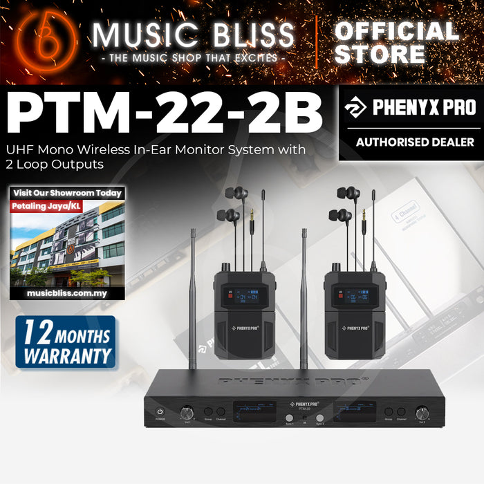 Phenyx Pro PTM-22-2B UHF Mono Wireless in Ear Monitor System (2 Bodypack Receiver+1 Transmitter)