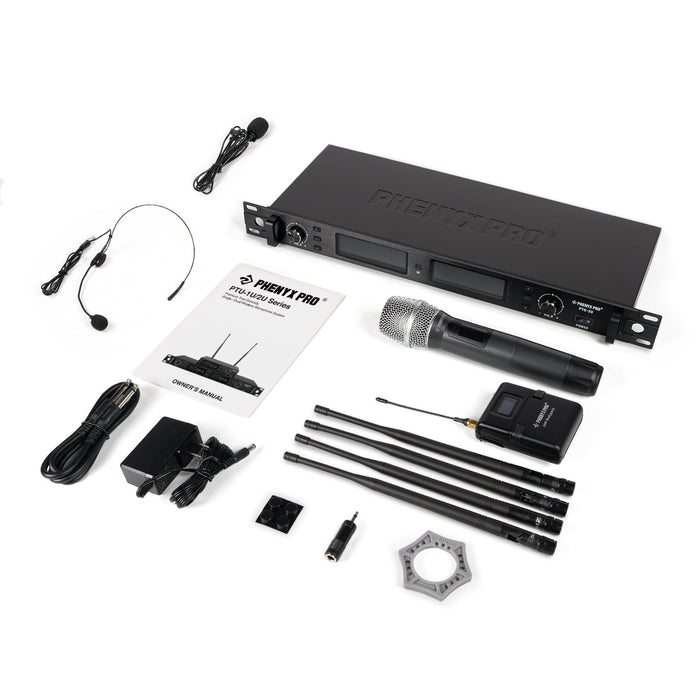 Phenyx Pro PTU-2U-1H1B Wireless Microphone System, True Diversity Dual Cordless Microphone Set w/UHF Handheld Microphone/Bodypack/Headset/Lapel Mics, Auto Scan, 2x1000 Channels for Stage & Studio