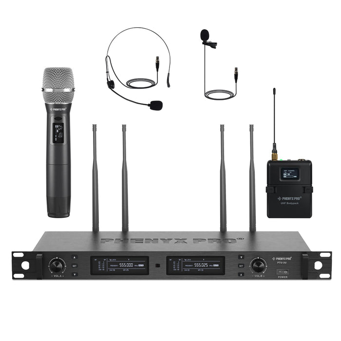 Phenyx Pro PTU-2U-1H1B Wireless Microphone System, True Diversity Dual Cordless Microphone Set w/UHF Handheld Microphone/Bodypack/Headset/Lapel Mics, Auto Scan, 2x1000 Channels for Stage & Studio