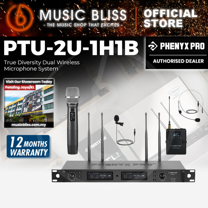 Phenyx Pro PTU-2U-1H1B Wireless Microphone System, True Diversity Dual Cordless Microphone Set w/UHF Handheld Microphone/Bodypack/Headset/Lapel Mics, Auto Scan, 2x1000 Channels for Stage & Studio
