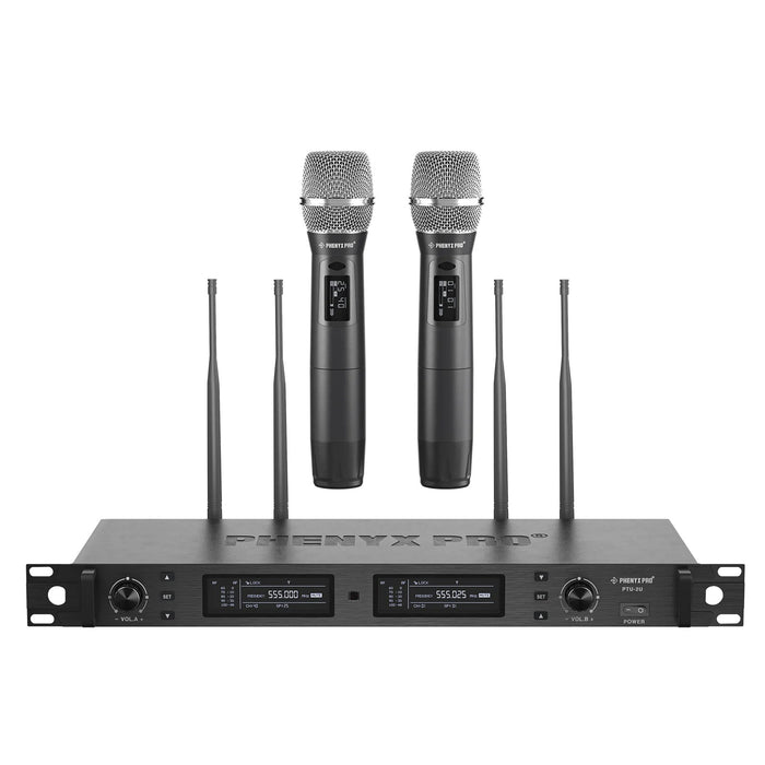 Phenyx Pro PTU-2U-2H Wireless Microphone System, True Diversity Dual Cordless Microphone Set, Professional UHF Handheld Wireless Microphones w/Auto Scan, 2x1000 Channels, 328ft for Stage & Studio - Music Bliss Malaysia