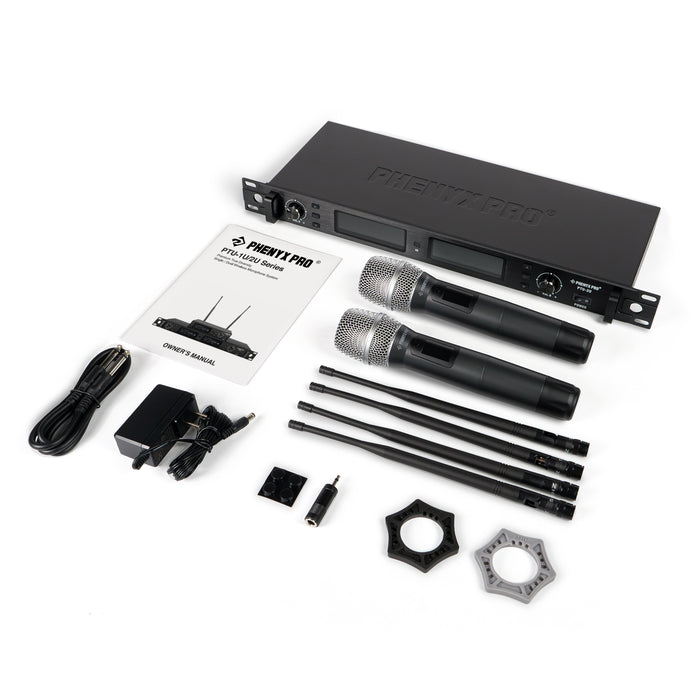 Phenyx Pro PTU-2U-2H Wireless Microphone System, True Diversity Dual Cordless Microphone Set, Professional UHF Handheld Wireless Microphones w/Auto Scan, 2x1000 Channels, 328ft for Stage & Studio