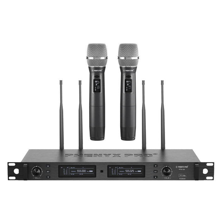 Phenyx Pro PTU-2U-2H Wireless Microphone System, True Diversity Dual Cordless Microphone Set, Professional UHF Handheld Wireless Microphones w/Auto Scan, 2x1000 Channels, 328ft for Stage & Studio