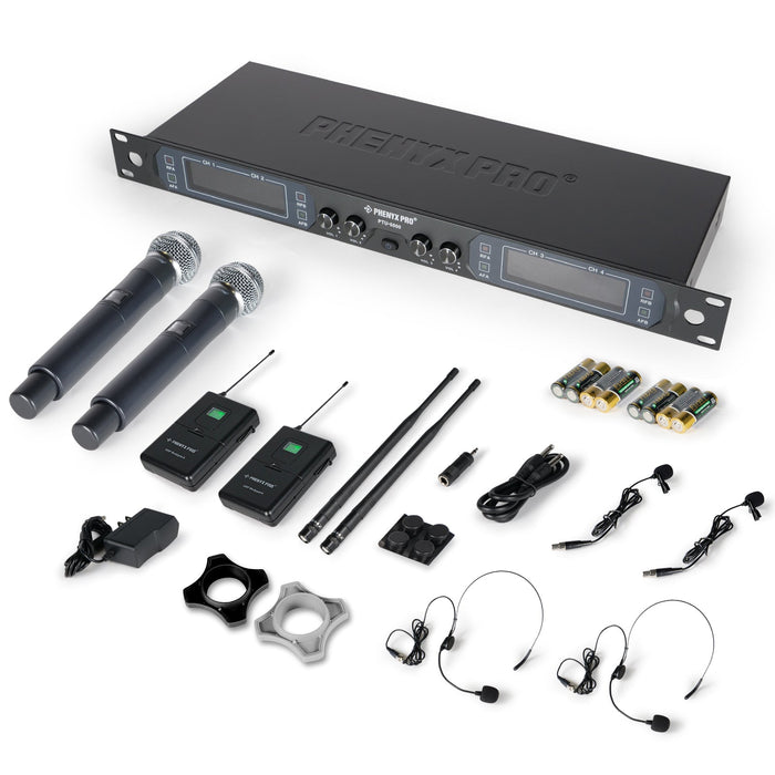 Phenyx Pro Best Budget Wireless PTU-5000-2H2B 4-Channel UHF Karaoke Wireless Microphone System, with 2x Handheld Microphone, 2x Bodypack 2x Headset Mic, 2x Lapel Mics, Fixed Frequency, 260ft Range, Ideal for Singing, Church, Karaoke